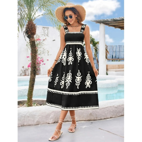 'Valora' Printed Wide Strap Midi Dress - Celes Fashion